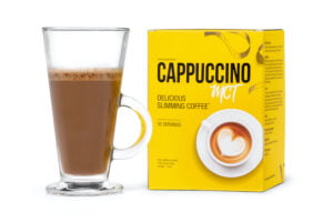 image with yellow box, black letters and a glass of MCT cappucino.