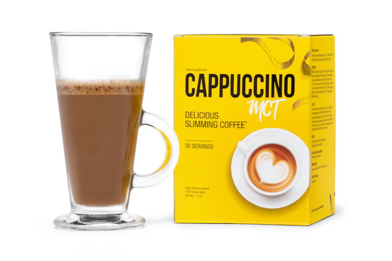 image with yellow box, black letters and a glass of MCT cappucino.