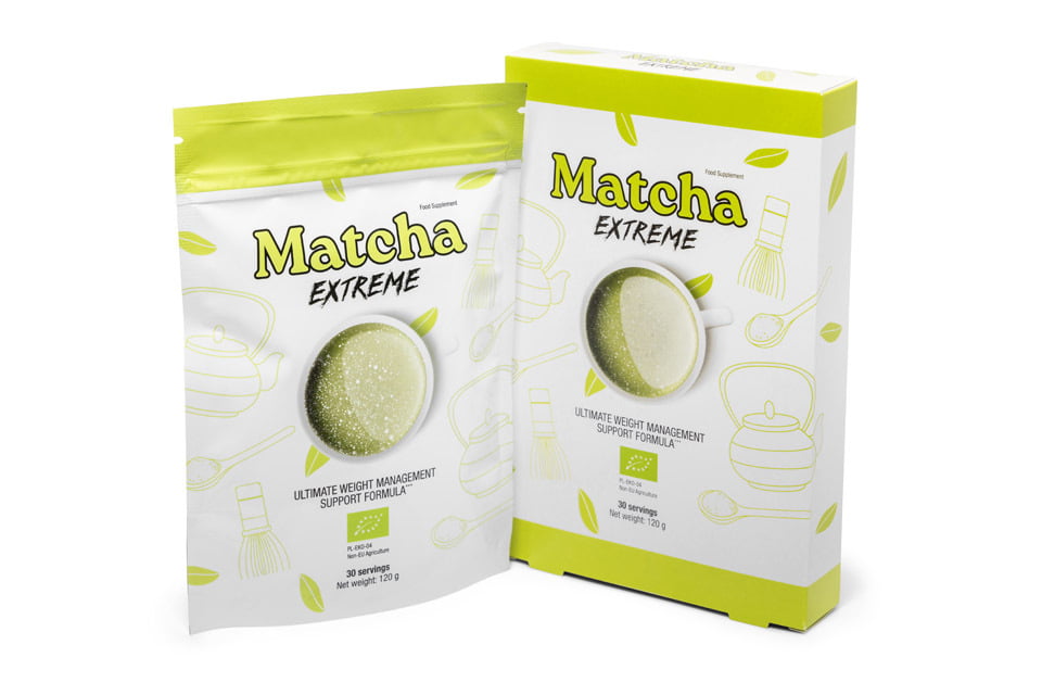 Matcha Extreme 1 yellow-green matcha tea bag and packaging