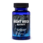 a blue and black bottle of pills with white letters.