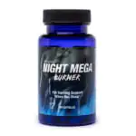 a blue and black bottle of pills with white letters.
