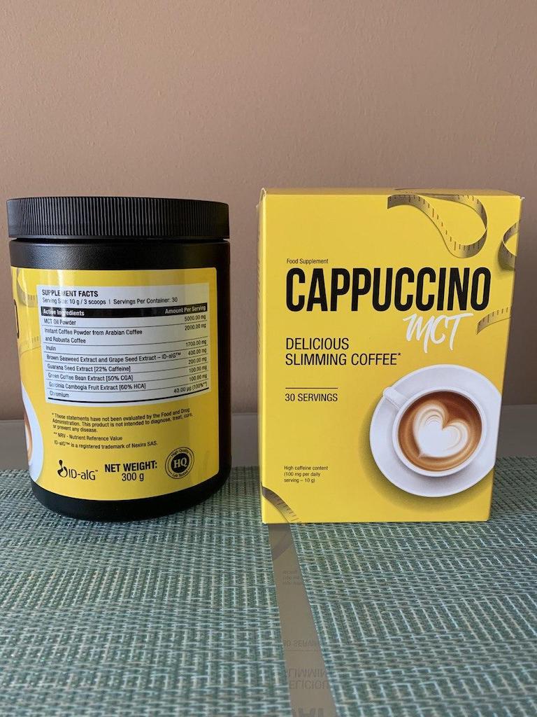 Cappucino MCT 11 a yellow and black bottle and the box.