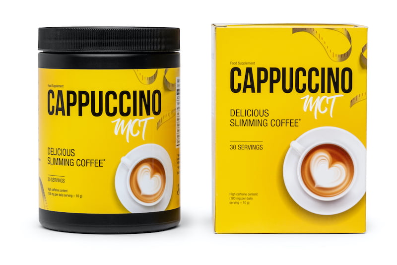 Cappucino MCT 3 a yellow and black bottle and the box.