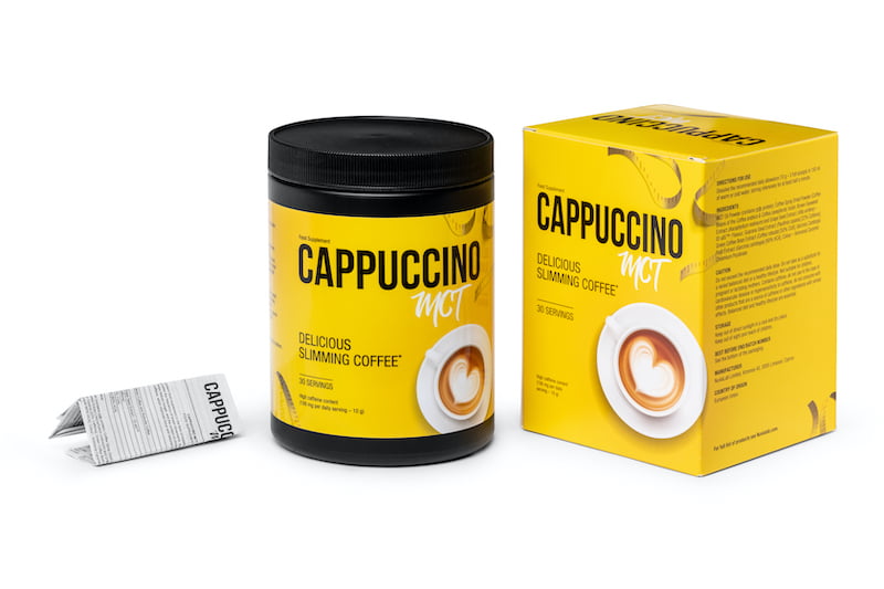 Cappucino MCT 7 a yellow and black bottle and the box.