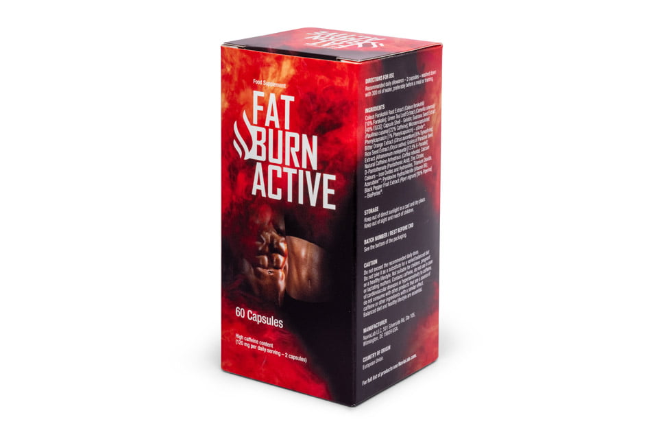 Fat Burn Active 7 black and red box of pills with white letters.