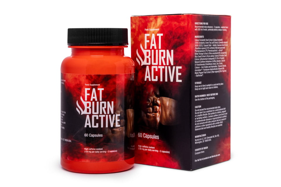 Fat Burn Active 4 black and red bottle and box of pills with white letters.