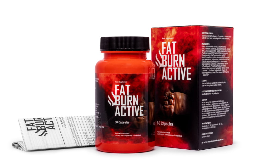 Fat Burn Active 9 black and red bottle and box of pills with white letters.
