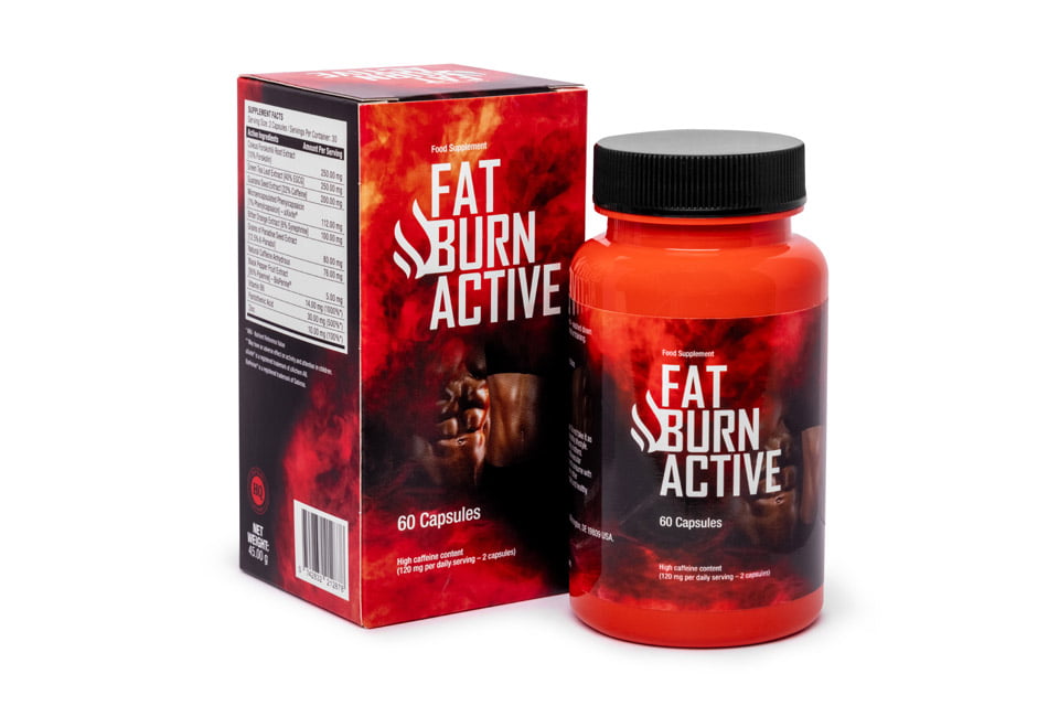 Fat Burn Active 2 black and red bottle and box of pills with white letters.