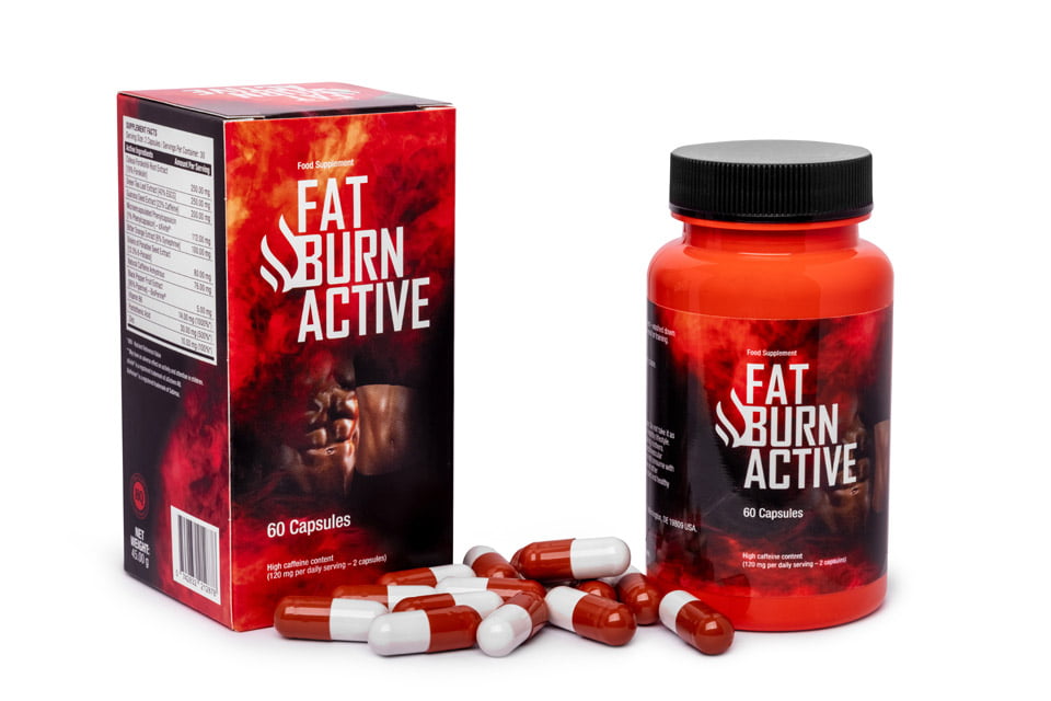 Fat Burn Active 5 black and red bottle and box of pills with white letters.