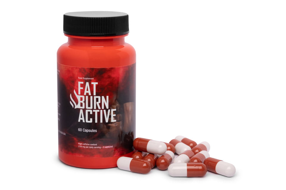 Fat Burn Active 8 black and red bottle and pills with white letters.