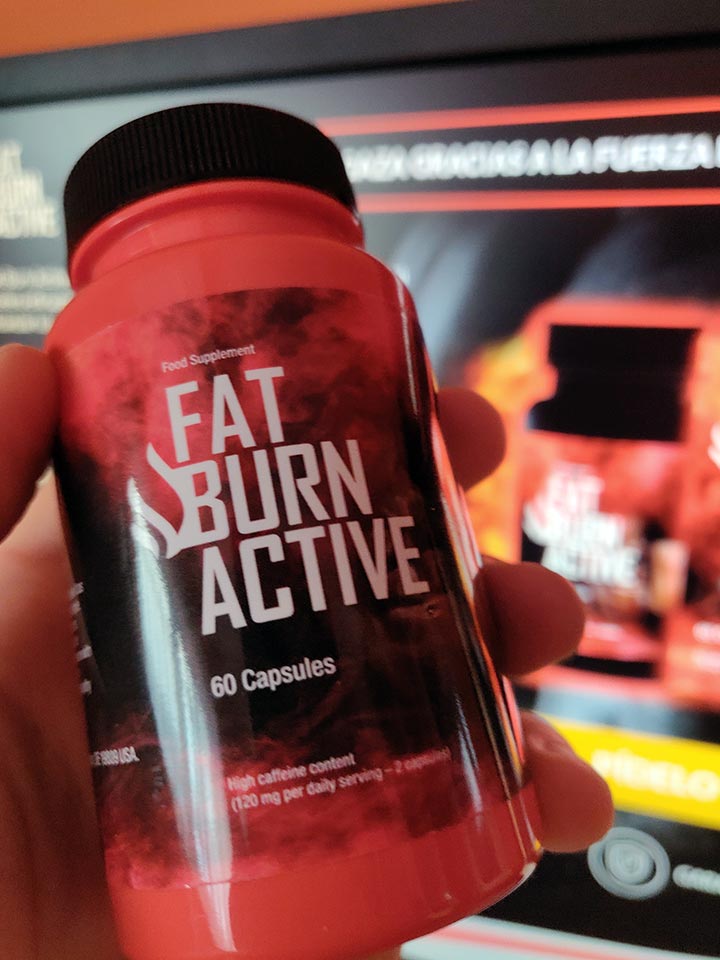 Fat Burn Active 20 black and red bottle and box of pills with white letters.