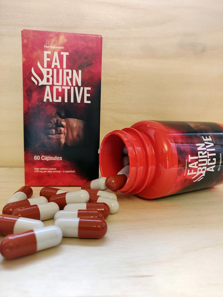 Fat Burn Active 12 black and red bottle and box of pills with white letters.