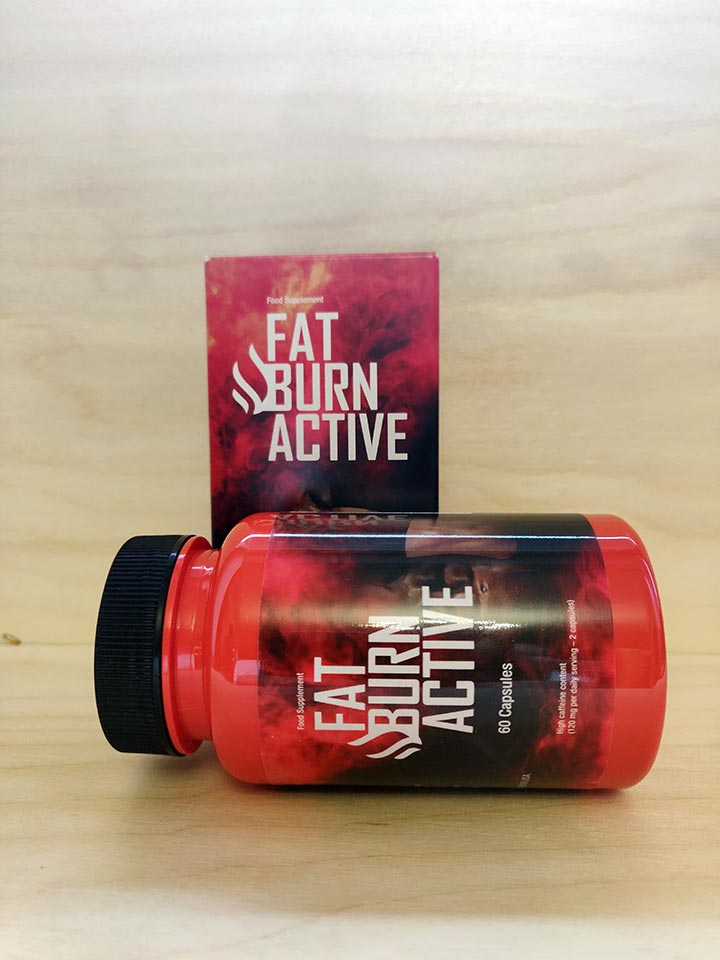 Fat Burn Active 13 black and red bottle and box of pills with white letters.