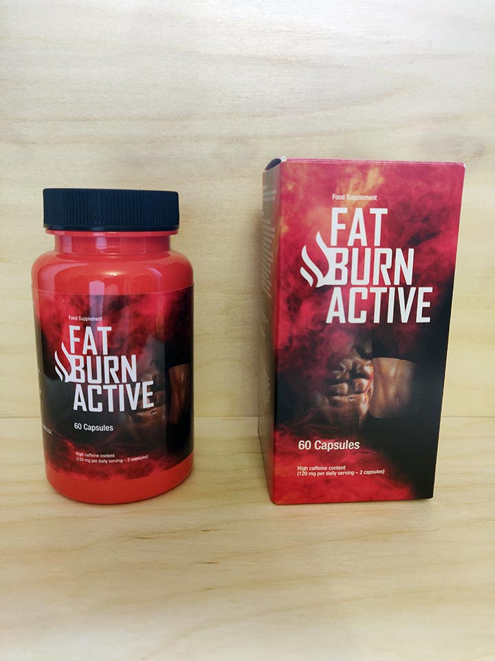 Fat Burn Active 14 black and red bottle and box of pills with white letters.