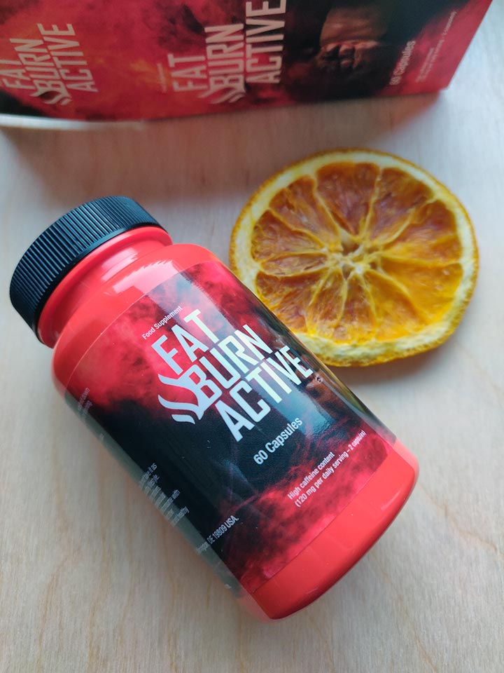 Fat Burn Active 16 black and red bottle of pills with white letters.