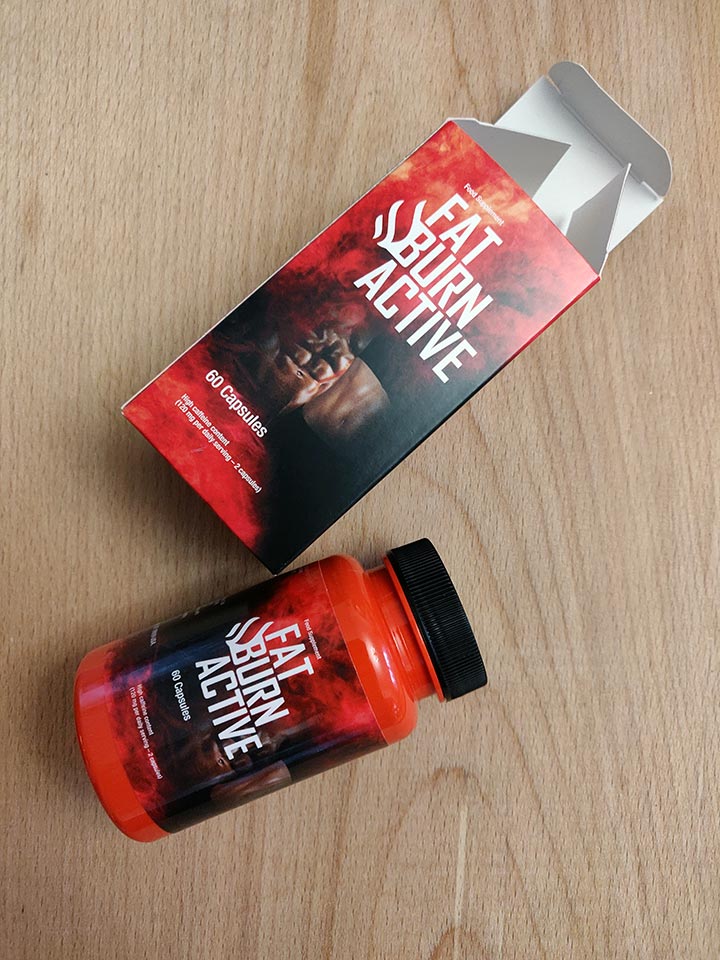 Fat Burn Active 18 black and red bottle and box of pills with white letters.