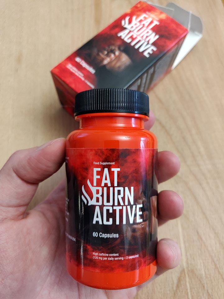 Fat Burn Active 17 black and red bottle and box of pills with white letters.