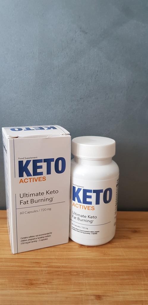 Keto Actives 14 white pill bottle and box with blue lettering