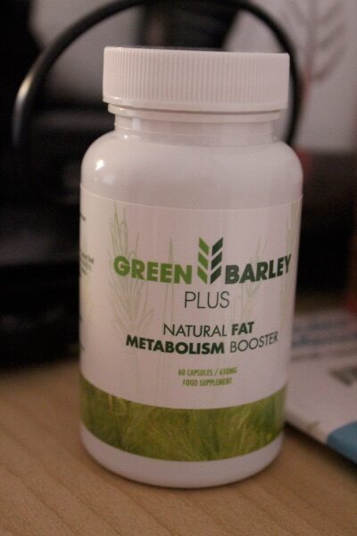 Green Barley Plus 12 white bottle with green letters