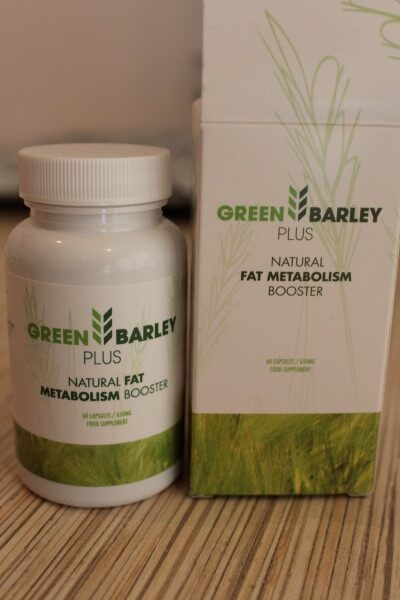 Green Barley Plus 9 white box and bottle with green letters