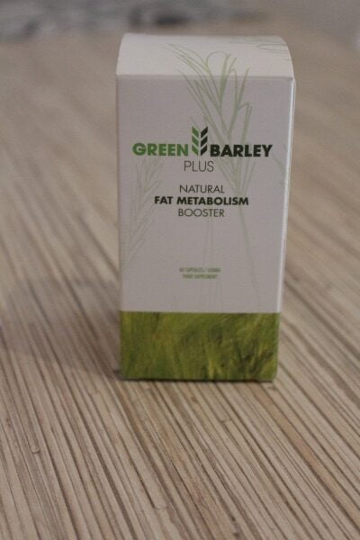 Green Barley Plus 10 white box with green letters