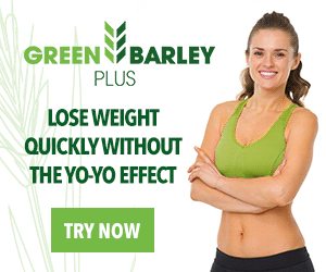 Green Barley Plus 1 happy woman smiling and green letters.