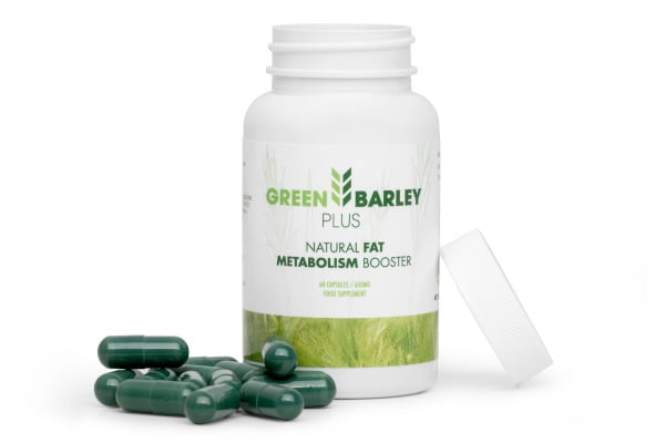 Green Barley Plus 3 white bottle with green letters.