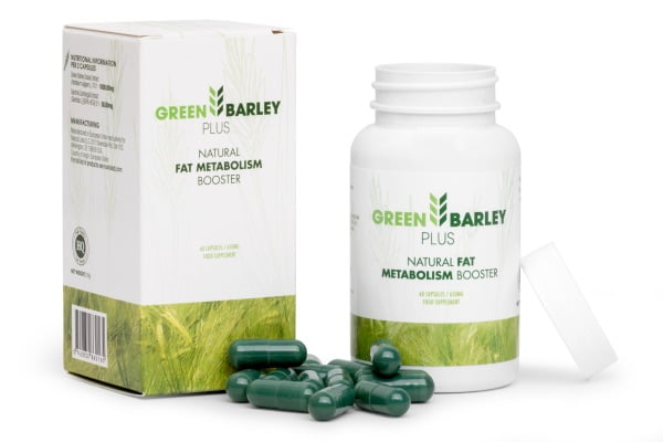 Green Barley Plus 5 white box, pills and bottle with green letters