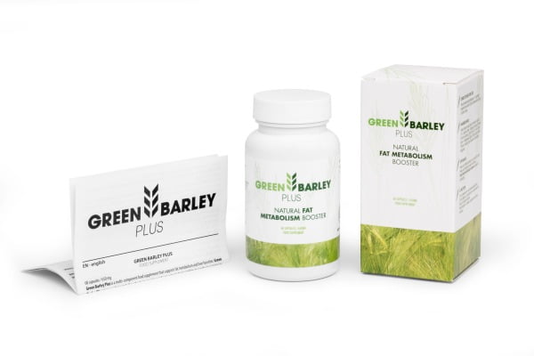 Green Barley Plus 6 white box and bottle with green letters