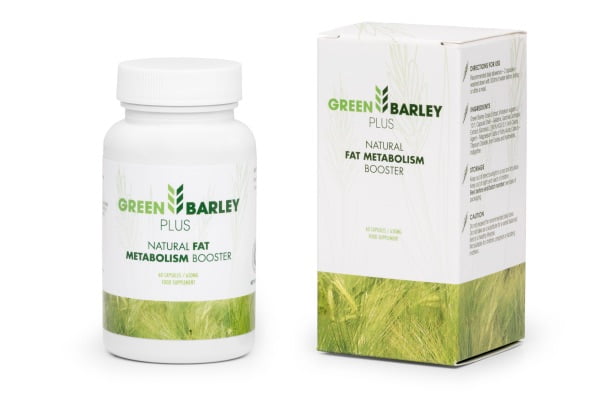 Green Barley Plus 4 white box and bottle with green letters