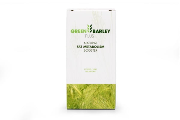 Green Barley Plus 2 white box with green letters