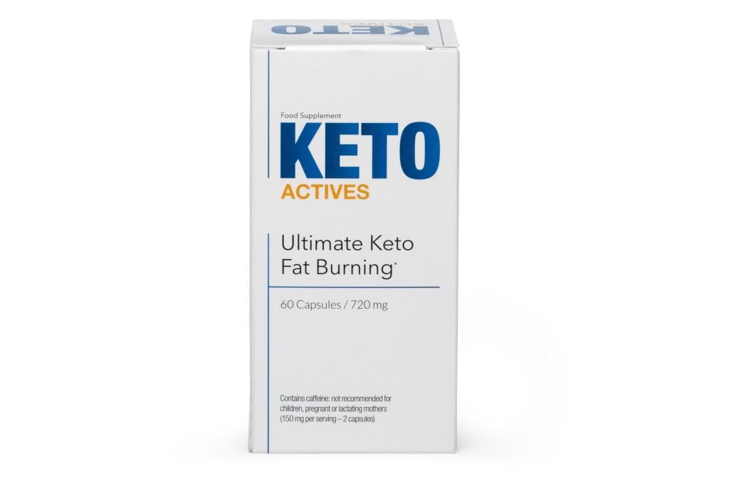 Keto Actives 2 white pill box with blue lettering