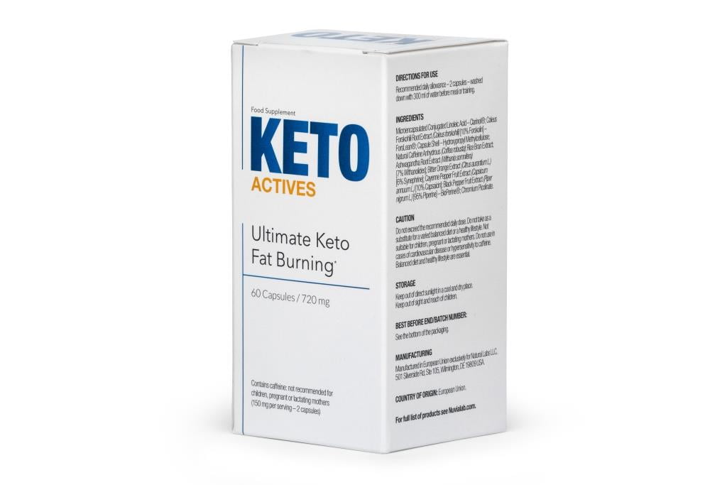 Keto Actives 4 white pill box with blue lettering