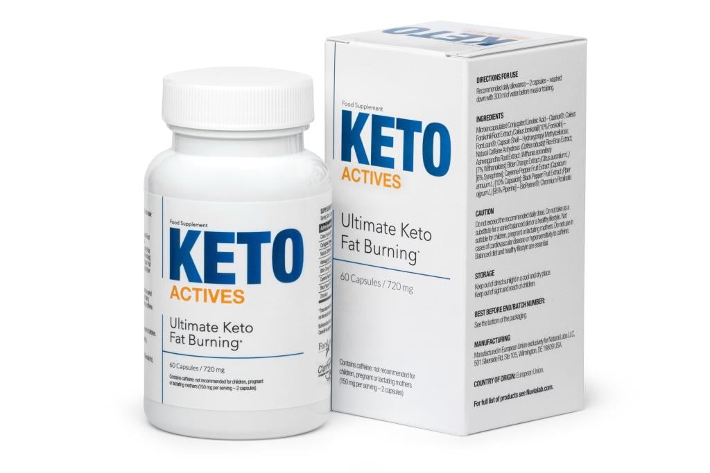 Keto Actives 7 white pill bottle with blue lettering