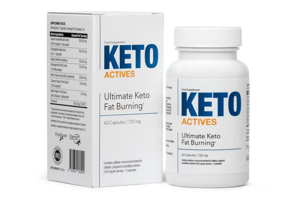 Keto Actives 5 white pill bottle and box with blue lettering