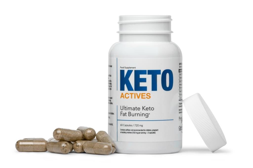 Keto Actives 9 white pill bottle with blue lettering and pills.