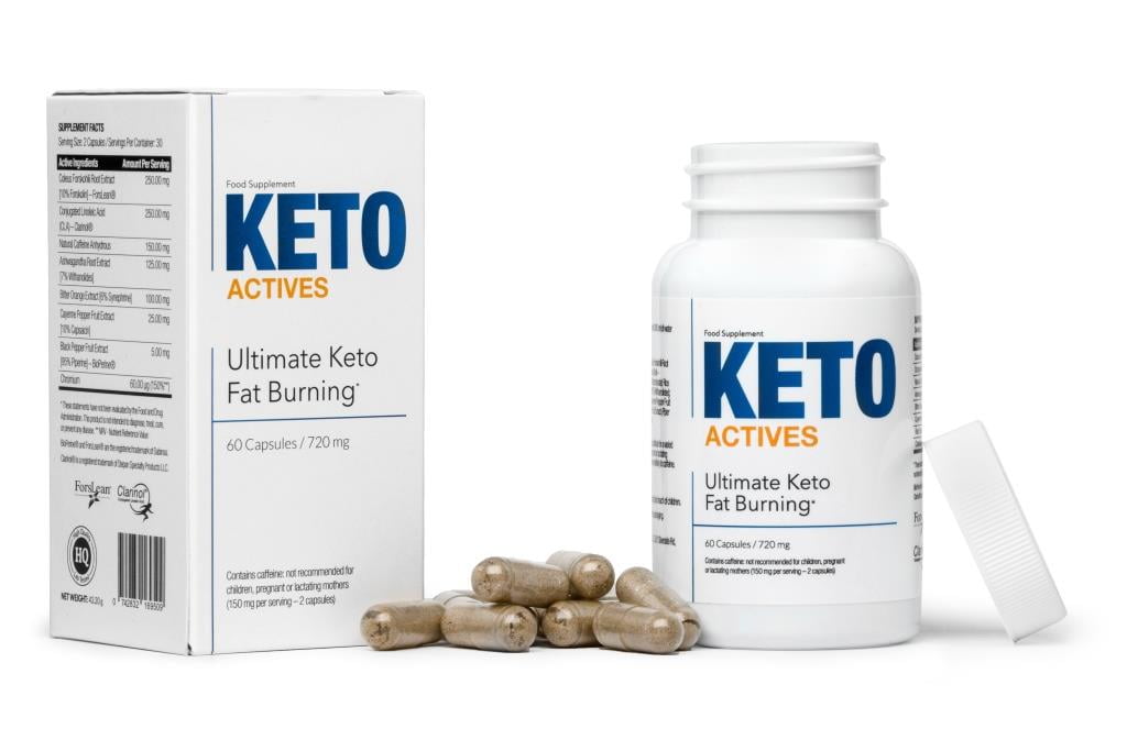 Keto Actives 8 white pill bottle and box with blue lettering