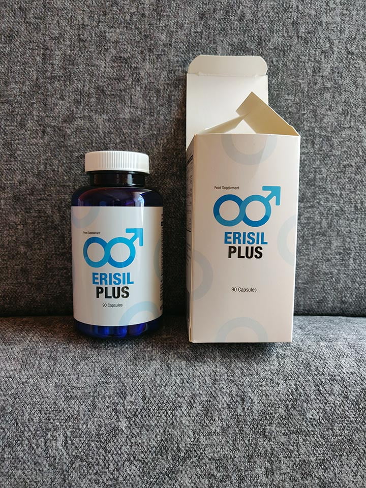 Erisil Plus 14 blue and white pill bottle with blue lettering, white box with blue lettering.