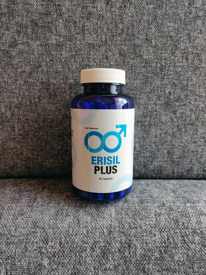 Erisil Plus 15 blue and white pill bottle with blue lettering,