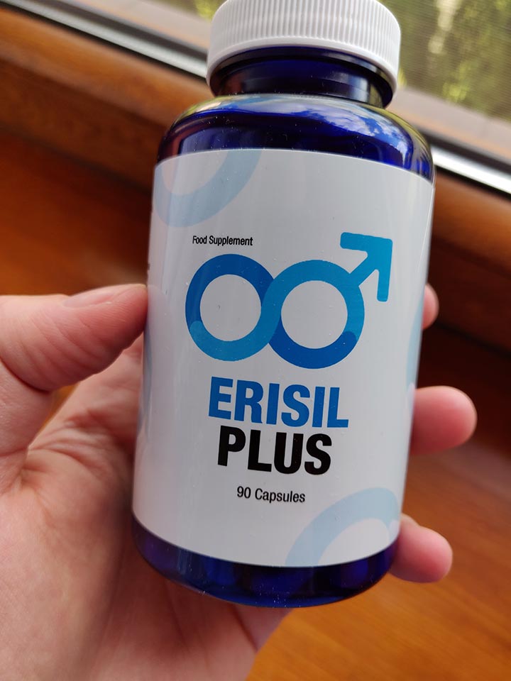 Erisil Plus 20 blue and white pill bottle with blue lettering.