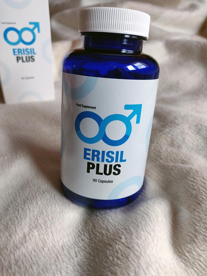 Erisil Plus 17 blue and white pill bottle with blue lettering, white box with blue lettering.