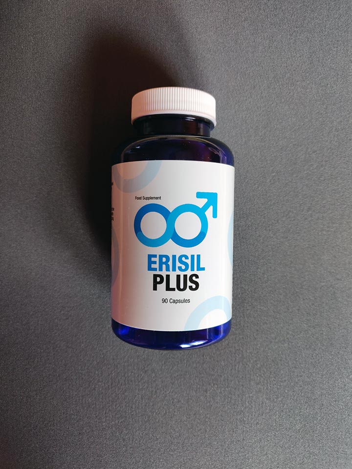 Erisil Plus 26 blue and white pill bottle with blue lettering.