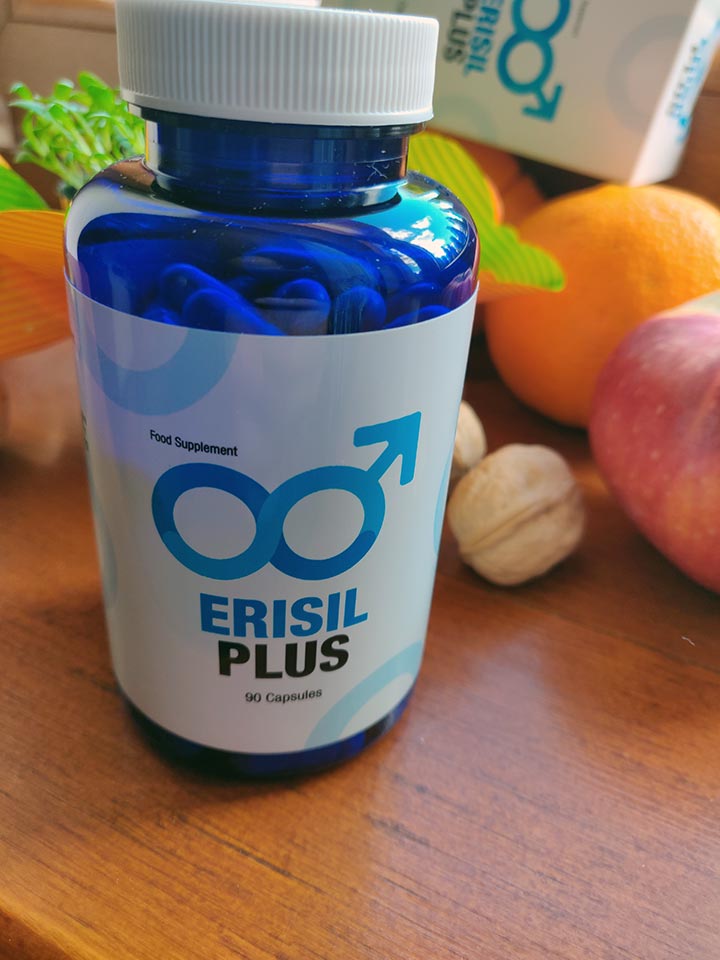 Erisil Plus 23 blue and white pill bottle with blue lettering,