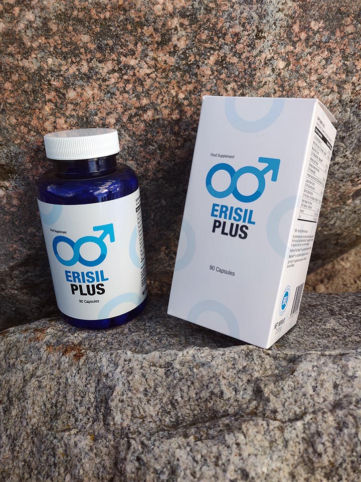 Erisil Plus 18 blue and white pill bottle with blue lettering, white box with blue lettering.
