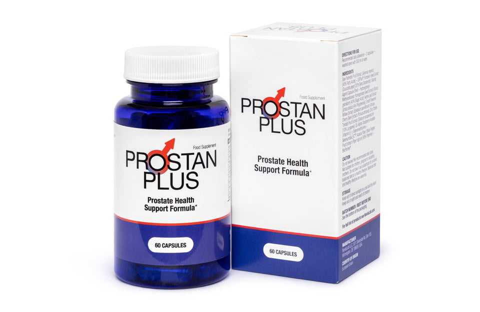 Prostate 6 a blue bottle with white lid next to a box.