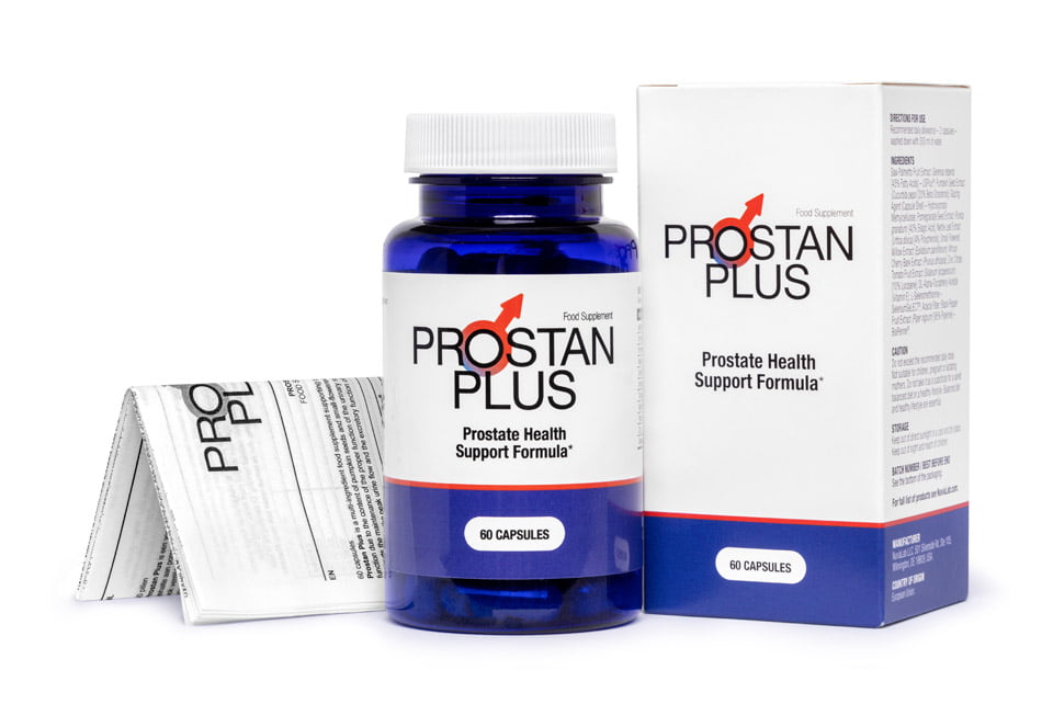 Prostate 4 a blue bottle with white label next to a white box