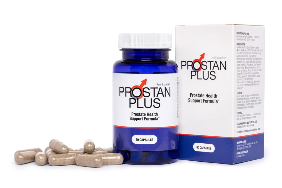 Prostate 3 a blue bottle with white label next to a box and capsules.