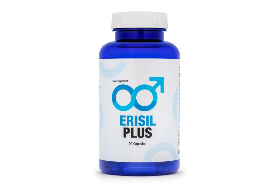Erisil Plus 2 blue and white pill bottle with blue lettering
