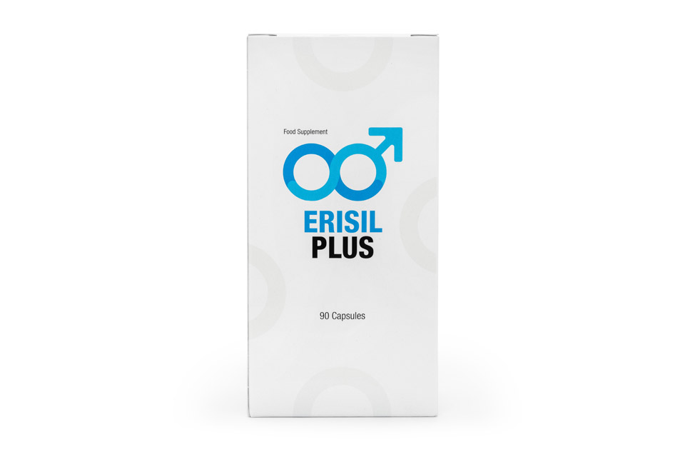 Erisil Plus 6 blue and white pill box with blue lettering