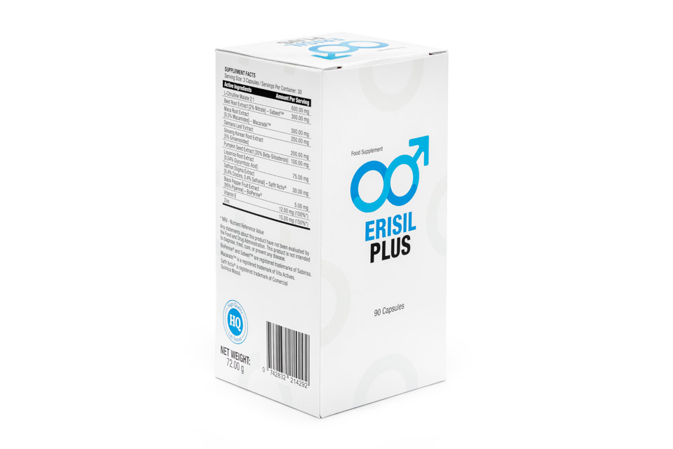 Erisil Plus 5 blue and white pill box with blue lettering